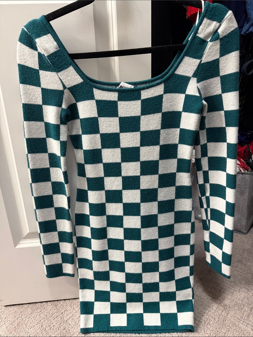 Checkerboard Knit Sweater Dress - Teal and Cream